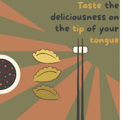 On a yellow and green background, there are a pair of chopsticks, three dumplings in different colors, and a small bowl containing vinegar.
