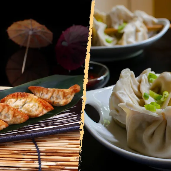 An image: on the left are golden-brown pan-fried gyoza, and on the right are white steamed dumplings